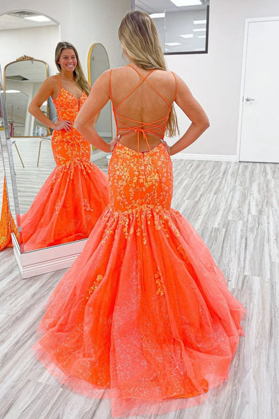 Trendy Mermaid Spaghetti Straps Orange Long Prom Dress with Appliques MD123107