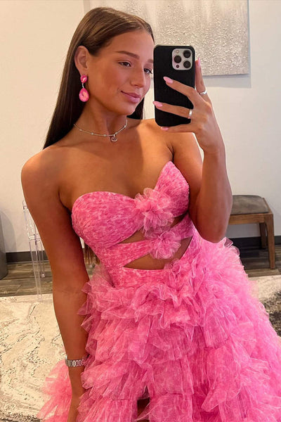 Strapless Hot Pink Keyhole Print Ruffle Tiered Prom Dress MD110309