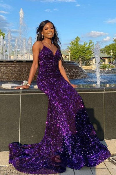 Purple Sequin V Neck Mermaid Long Prom Dresses MD112109