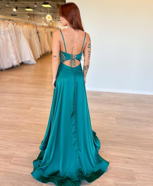 Simple A-Line Green Spaghetti Straps Satin Long Evening Dress Prom Dresses with Side Slit DM25101605