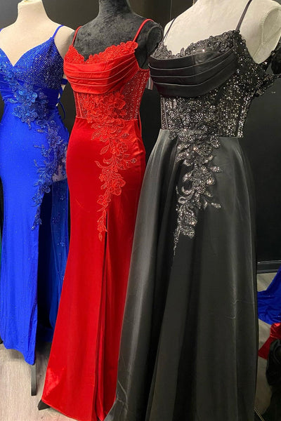 Red Spaghetti Strap Appliques Mermaid Long Dress with Slit MD103010