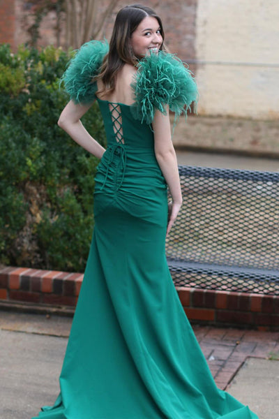 Dark Green Satin Feathered Shoulders Mermaid Long Prom Dress with Slit MD120604