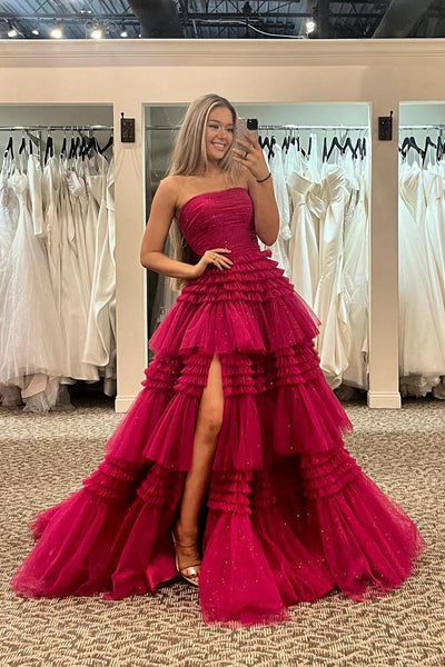 Glitter Beige Strapless Tulle Long Tiered Prom Dress with Slit DM3082807