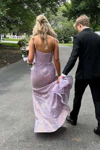 Lilac Spaghetti Straps V Neck Sequined Pleats Mermaid Long Prom Dress DM25102805