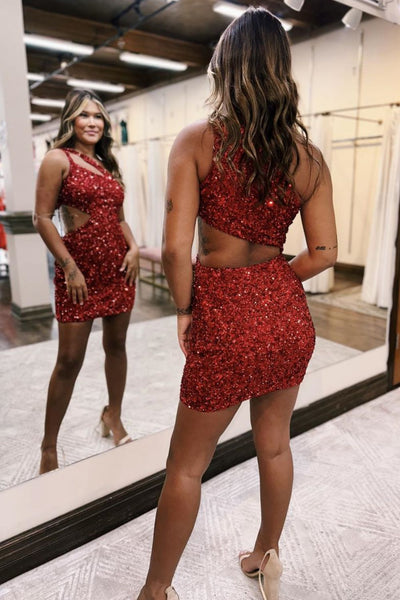 Red Keyhole One Shoulder Cutout Sequins Short Homecoming Dresses DM24071304