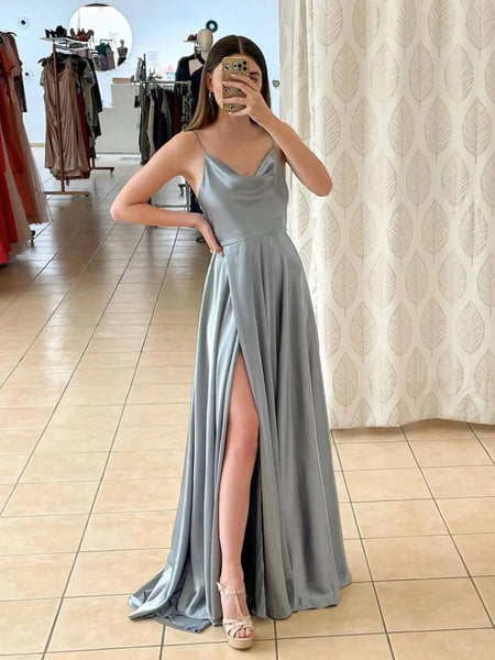A Line Spaghetti Straps Light Green Long Prom Dress with Silt MD092301