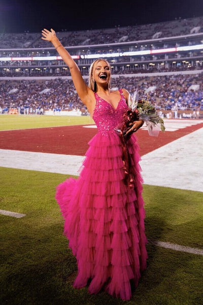 Fuchsia Tulle V Neck A-Line Long Prom Dress with Appliques MD112408