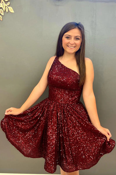 Navy Sequins One Shoulder A-Line Short Homecoming Dress LD3062306