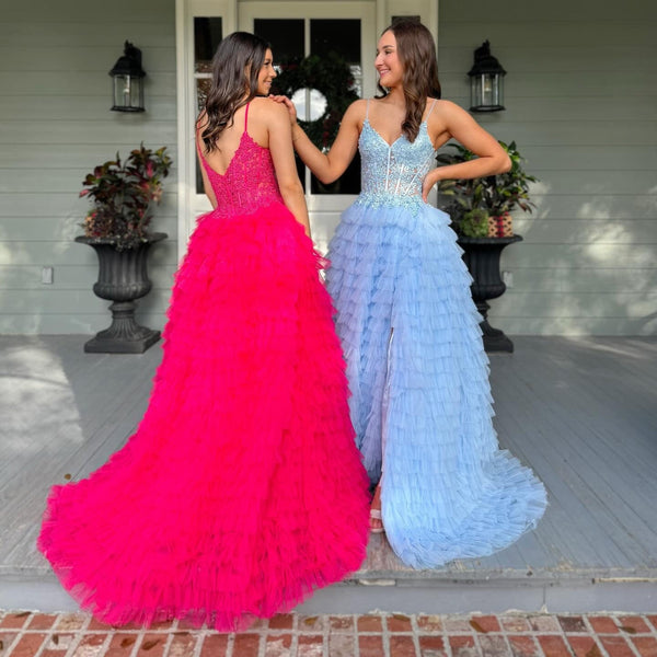 Elegant A-Line V Neck Blue Tulle Appliques Ruffle Tiered Long Prom Dresses Formal Gown with Side Slit DM25101609