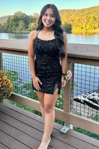 Sparkly Bodycon Scoop Neck Black Sequins Short Homecoming Dress MD101703