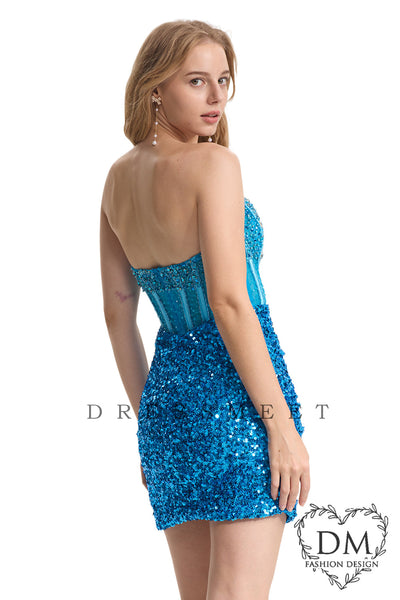 Blue Strapless Sequins Short Homecoming Dresses with Beading DM24072203