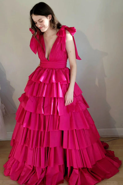 Black Plunge V Ruffle Tiered Ball Gown with Slit MD121602