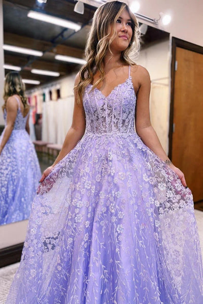 A-Line V Neck Lilac Corset Long Prom Dresses with Appliques MD103106
