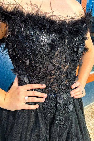 Off the Shoulder Black Feathers Long Prom Dress with Slit MD110306