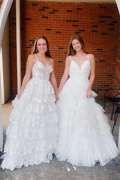 Sparkly Light Blue Spaghetti Straps Tiered Lace Long Corset Prom Dress DM3082805