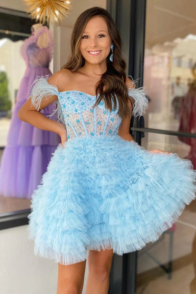 Sparkly Pink Corset A-Line Short Homecoming Dress with Feathers MD091703