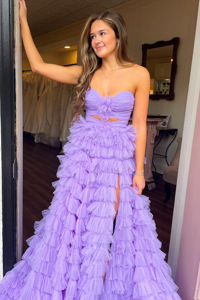 Lavender Tiered Tulle Sweetheart A-Line Long Prom Dress MD112403