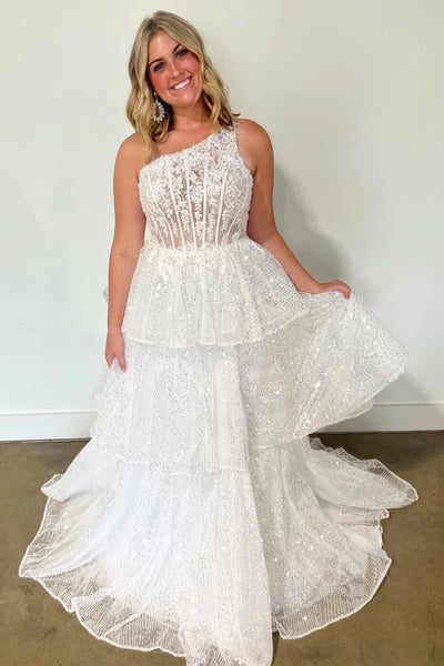 One-Shoulder Lace A-Line Tiered Long Prom Dress with Slit MD103004