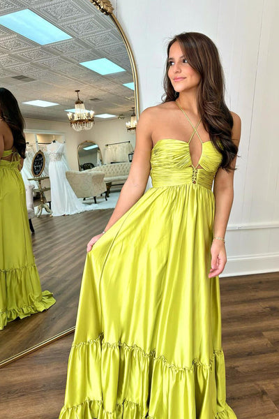 A-Line Halter Satin Keyhole Long Prom Dress MD4021703