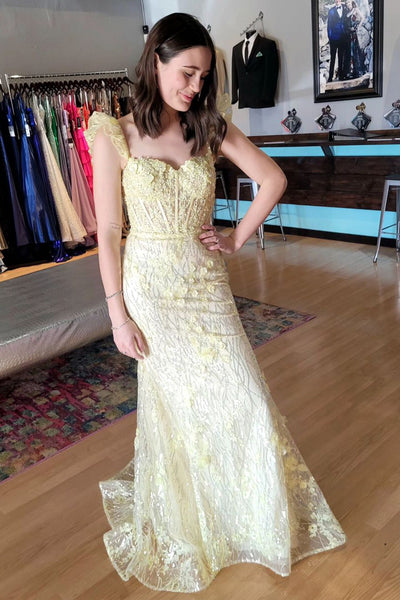 Lovely Mermaid Off the Shoulder Yellow Sequin Appliques Long Prom Dresses MD4042701