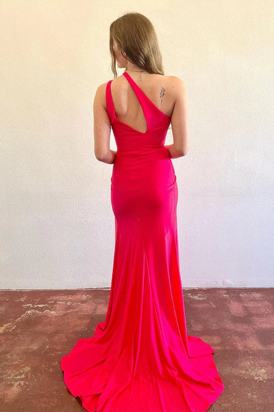 Fuchsia One Shoulder Cutout Satin Long Prom Dresses MD4012205