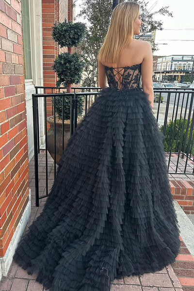 Black Tiered Tulle Sweetheart A-Line Long Prom Dress MD112407