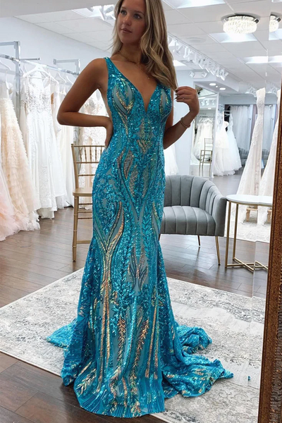 Stunning Mermaid Sleeveless V-Neck Sequins Appliques Long Prom Dress DM25102804
