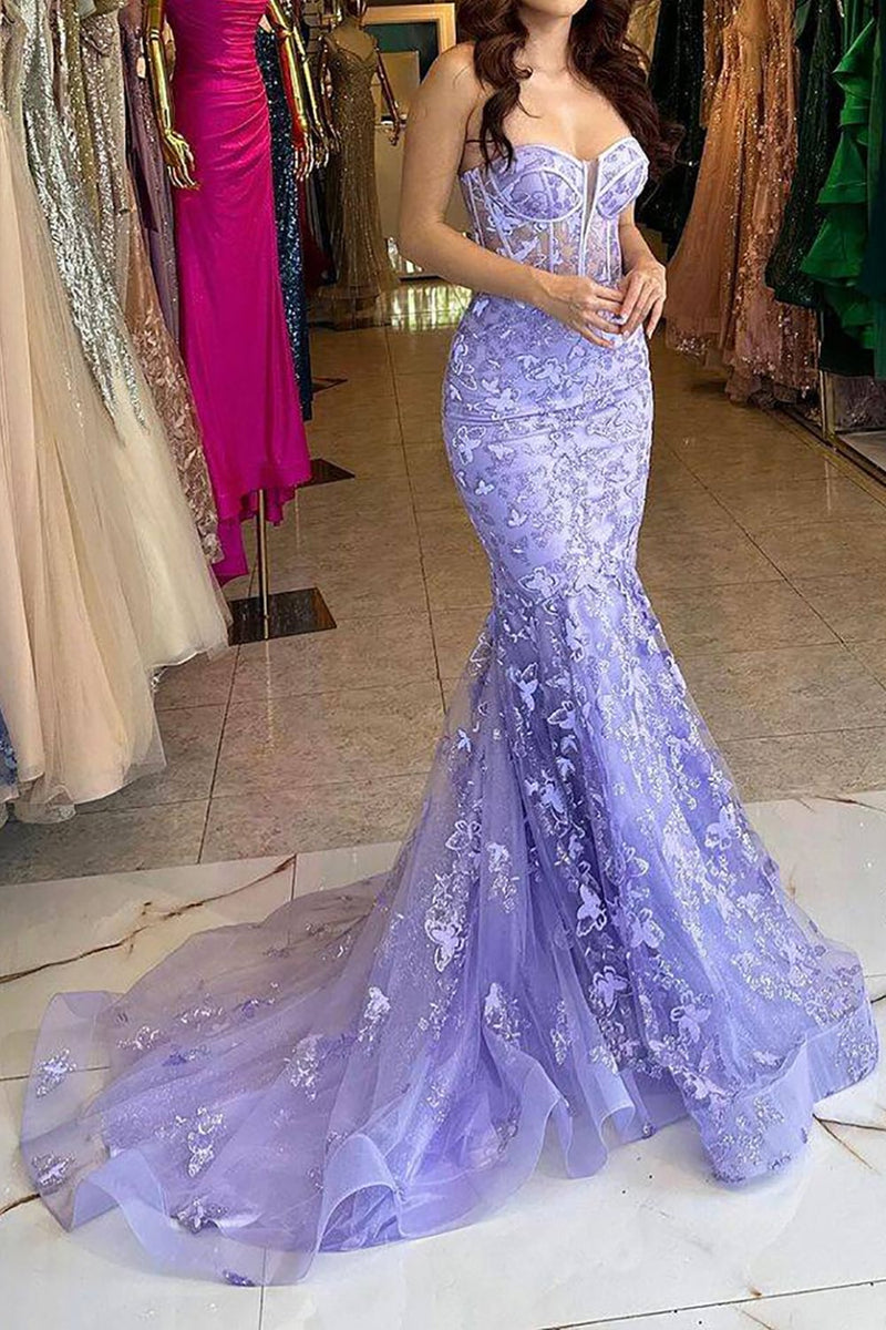 Gorgeous Lilac Sequin Lace Mermaid Sweetheart Corset Prom