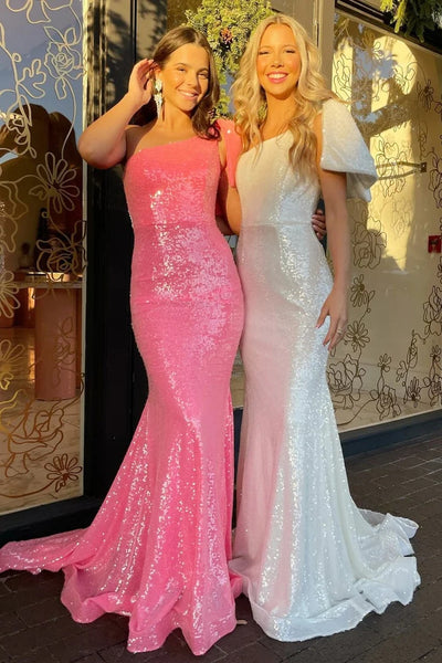 Neon Pink Sequin One-Shoulder Bow Strap Trumpet Long Prom Dress MD122307