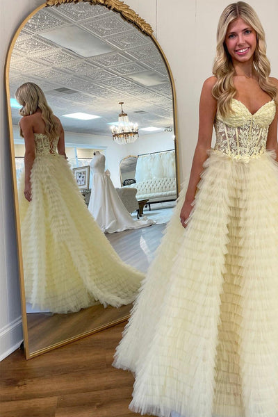 Yellow Appliques Sweetheart Ruffle Tiered A-Line Prom Dress MD112006