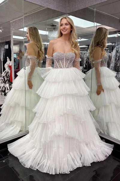 Sparkly White Tiered Tulle Corset Long Prom Dress with Beading DM3082706