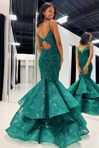 Emerald Appliques V-Neck Trumpet Long Gown MD4010901