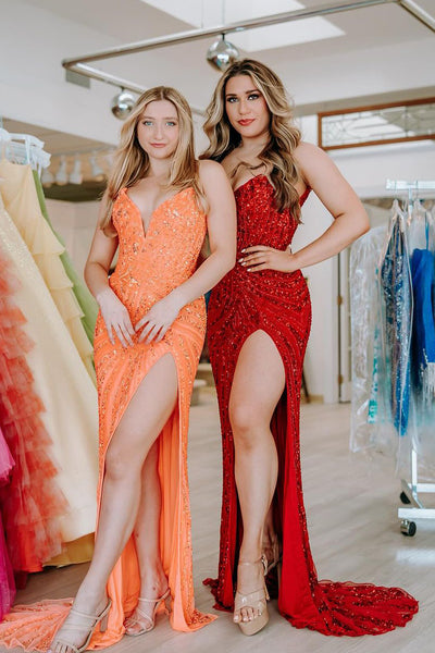 Sexy Mermaid Strapless Sequin Long Prom Dresses with Slit MD4042702