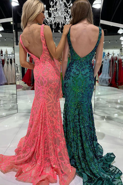 Dark Green Sequin Lace Deep V Neck Long Prom Dresses MD112209