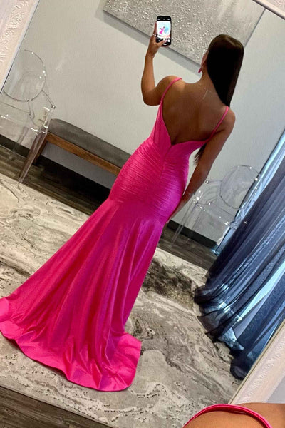 Hot Pink Straps Pleated Satin Mermaid Prom Dress MD113008