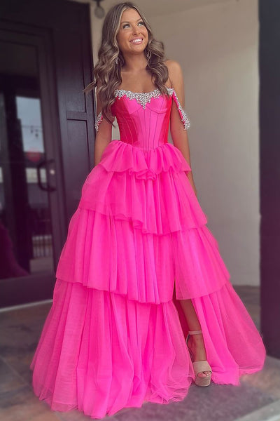 Charming Mermaid Sweetheart Hot Pink Tulle Long Prom Dresses with Beading MD100305