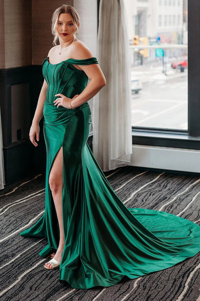 Black Corset Off the Shoulder Long Prom Dress with Slit MD092902