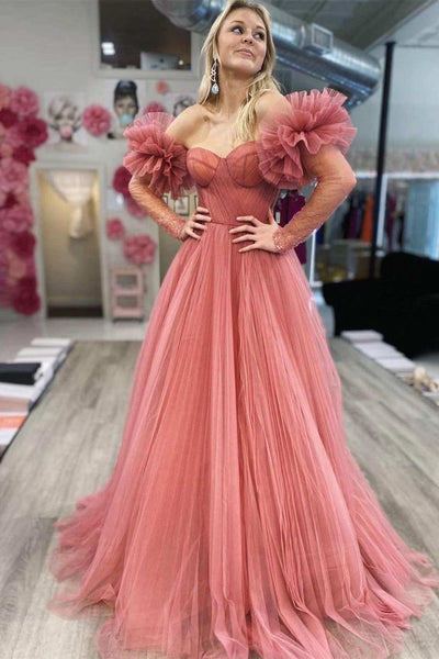 Princess Navy Blue Tulle Sweetheart Long Prom Dress with Detachable Sleeves MD092706