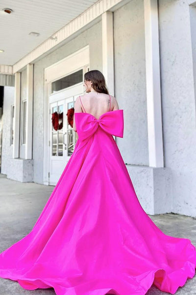A-Line Scoop Neck Fuchsia Satin Long Prom Dress with Bow MD4021905