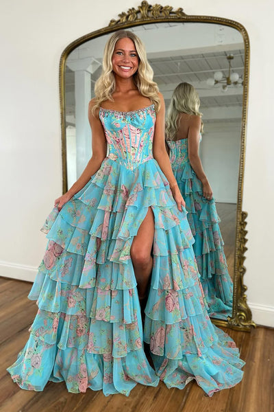 Charming A-Line Strapless Print Ruffles Sleeveless Long Prom Dress DM25102802