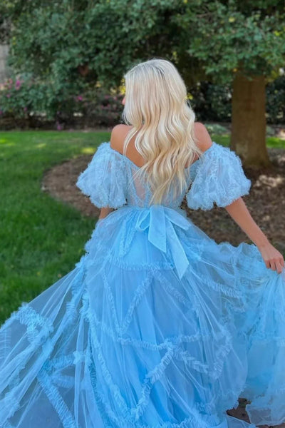 A Line Off the Shoulder Fuchsia Tulle Corset Prom Dress with Bowknot DM3082802