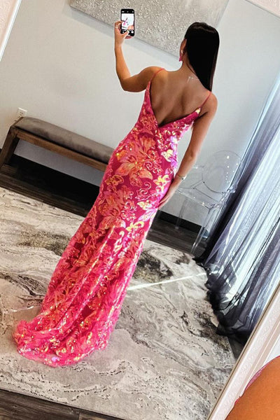 Cute V Neck pINK Sequins Mermaid Long Prom Dress MD4032701