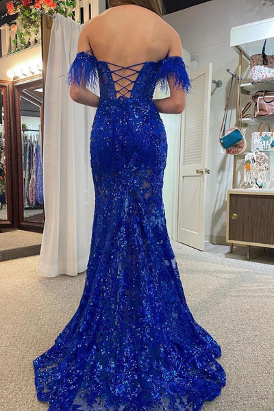 Orange Off-the-Shoulder Sequin Applique Mermaid Long Dress with Slit MD103008
