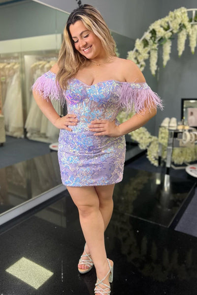 Purple Off-the-Shoulder Bodycon Cocktail Homecoming Dress with Sequin Appliques MD090401