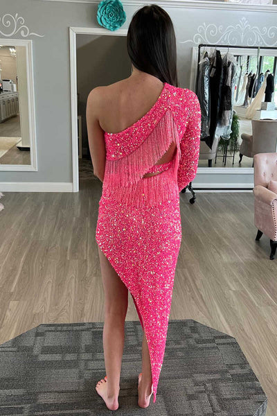 Asymmetrical Hot Pink One Sleeve Tassel Homecoming Dress MD092008