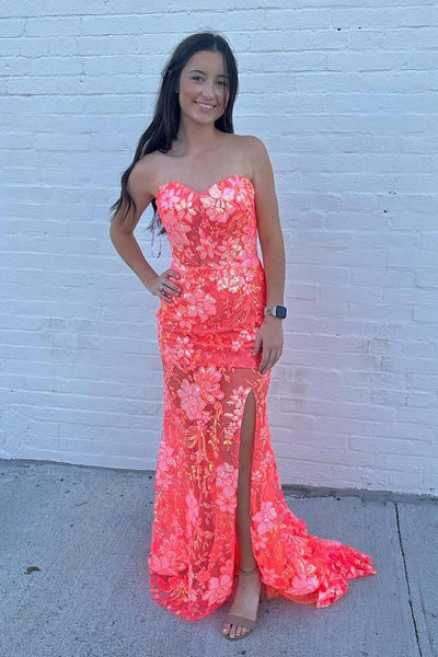 Charming Mermaid Coral Lace Sequins Prom Dresses with Slit DM102411