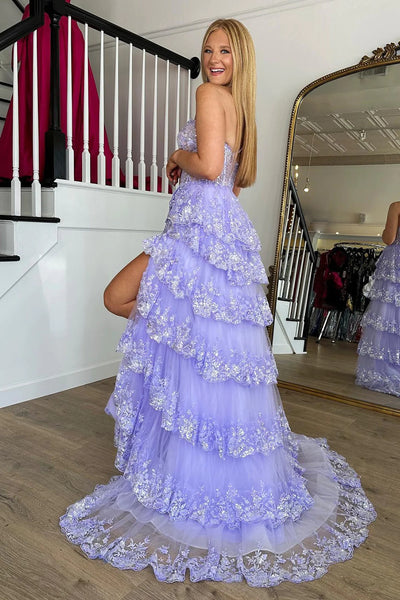 Sparkly Lilac One Shoulder Tiered Lace Long Prom Dress with Slit DM3082812