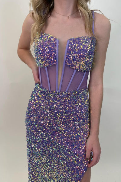 Mermaid Spaghetti Straps Purple Sequins Long Prom Dress with Slit MD4050901
