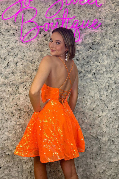 Cute A Line V Neck Orange Lace Sequins Short Homecoming Dress with Pockets MD090205