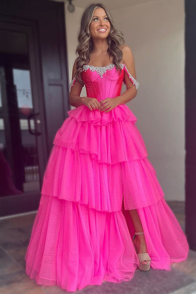 Charming Mermaid Sweetheart Hot Pink Tulle Long Prom Dresses with Beading MD100305